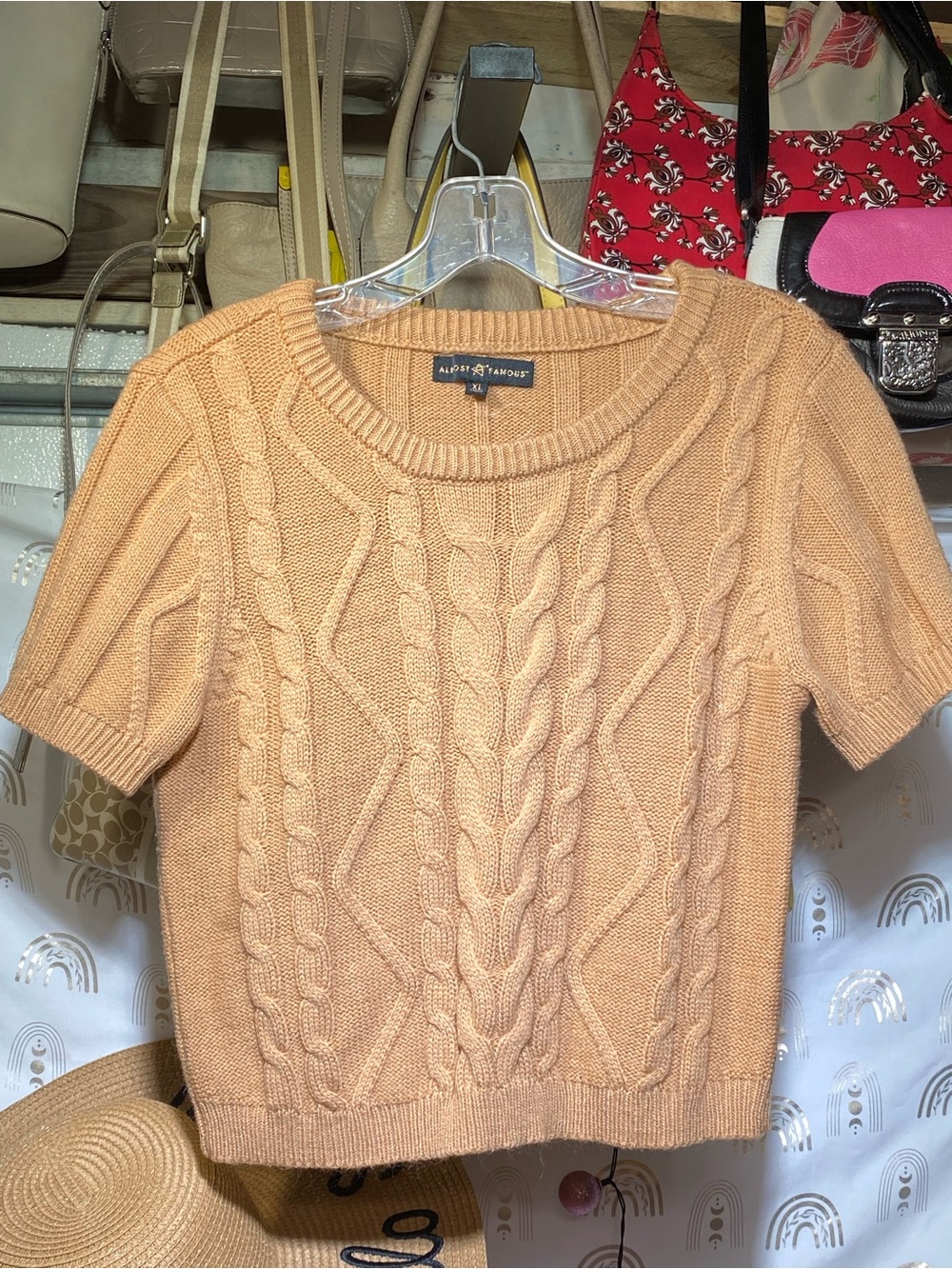 Almost Famous Short-Sleeve Cable Knit Sweater - Peach